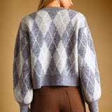 Miou Muse Argyle Pattern Button Front Cardigan in Foggy Wool