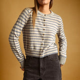 Miou Muse Striped Button Front Cardigan in Sky Blue/Oat/Grey