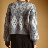Miou Muse Argyle Pattern Button Front Cardigan in Heather Grey