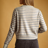 Miou Muse Striped Button Front Cardigan in Sky Blue/Oat/Grey