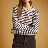 Miou Muse Striped Button Front Cardigan in Blue/Oat/Grey