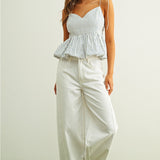 Miou Muse Stripe Printed Ballon Bottom Top in Blue