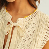 Miou Muse Floral Crochet Knit Vest with Tie Front in Beige