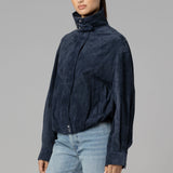 Blank NYC Midnight Drift Suede Bomber Jacket in Navy