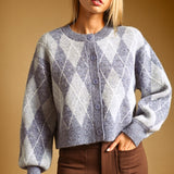 Miou Muse Argyle Pattern Button Front Cardigan in Foggy Wool