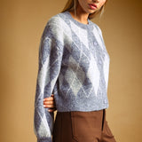 Miou Muse Argyle Pattern Button Front Cardigan in Foggy Wool