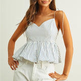 Miou Muse Stripe Printed Ballon Bottom Top in Blue