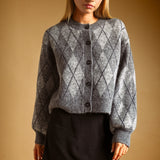 Miou Muse Argyle Pattern Button Front Cardigan in Heather Grey