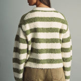 Miou Muse Wide Stripe Pattern Button Cardigan in Green/Cream