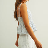 Miou Muse Stripe Printed Ballon Bottom Top in Blue