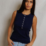 PWT Loretta Quarter Button Down Luxe Rib Tank Top in Navy