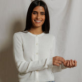 PWT Ada Pointelle Button Down Long Sleeve Sweater in White