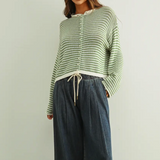 Miou Muse Stripe Button Front Knit Cardigan in Matcha/White
