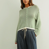 Miou Muse Stripe Button Front Knit Cardigan in Matcha/White