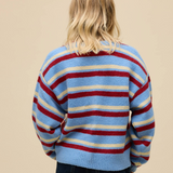 Daydreamer Stripe V-Neck Slouch Cardigan in Blue/Red/Cream