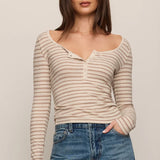 Z Supply Andie Striped Henley Top in Light Oatmeal Heather