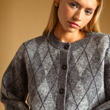 Miou Muse Argyle Pattern Button Front Cardigan in Heather Grey