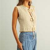 Miou Muse Floral Crochet Knit Vest with Tie Front in Beige