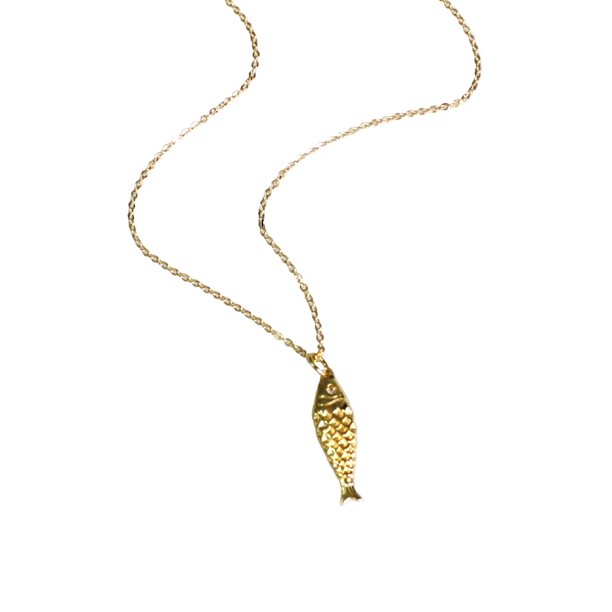 Gold fish pendant necklace on a white background with 'The Silver Wren' branding.