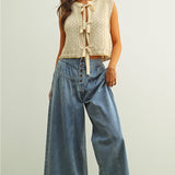 Miou Muse Floral Crochet Knit Vest with Tie Front in Beige