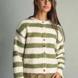 Miou Muse Wide Stripe Pattern Button Cardigan in Green/Cream