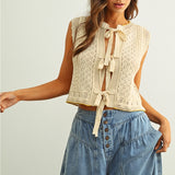 Miou Muse Floral Crochet Knit Vest with Tie Front in Beige