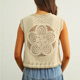 Miou Muse Floral Crochet Knit Vest with Tie Front in Beige