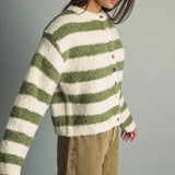 Miou Muse Wide Stripe Pattern Button Cardigan in Green/Cream