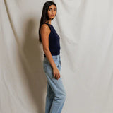 PWT Loretta Quarter Button Down Luxe Rib Tank Top in Navy