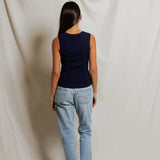 PWT Loretta Quarter Button Down Luxe Rib Tank Top in Navy